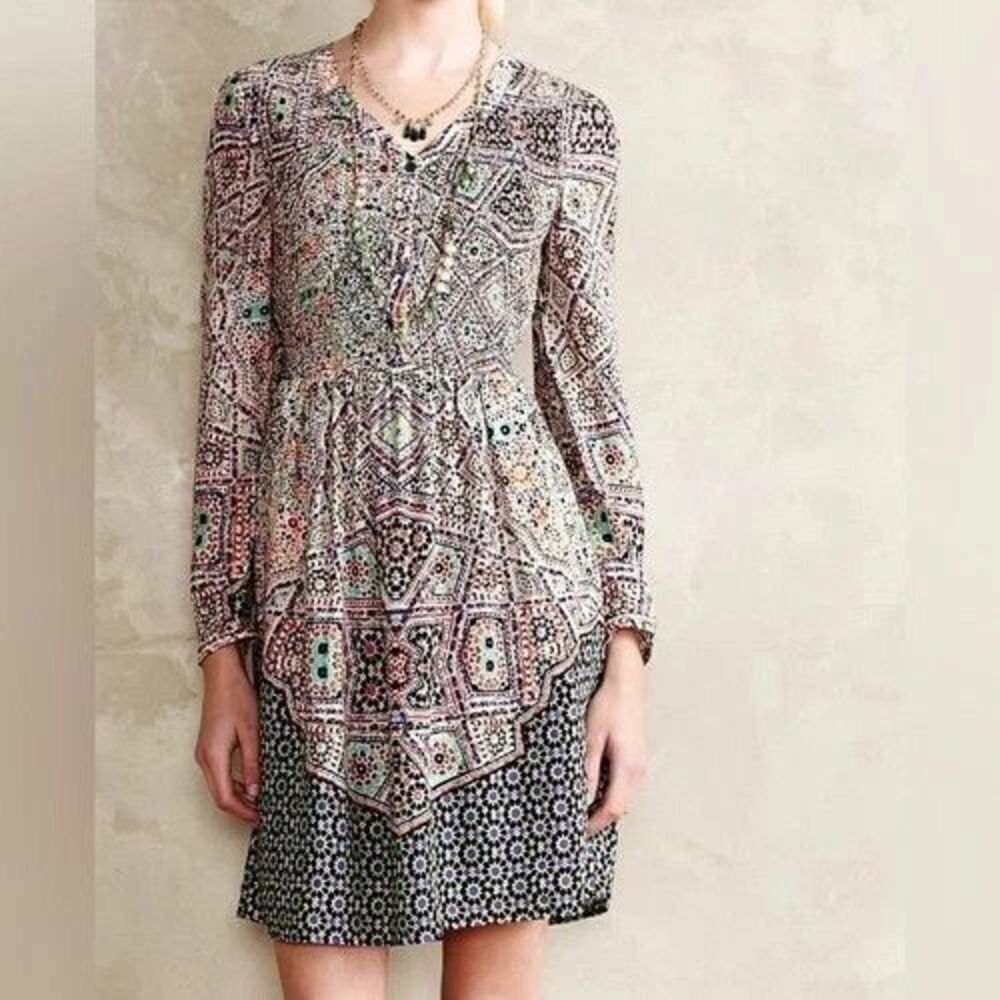 MAEVE Anthropologie Tiled Amethyst Mini Dress XS Petite Smocked Long Sleeve Boho